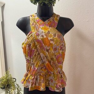 Veronica Beard Floral Cross-Front Blouse - Orange, Pink, Yellow